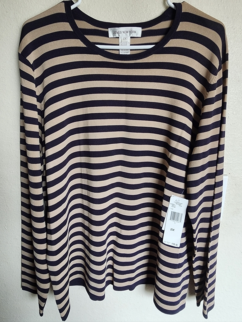 Jones New York Navy & Tan Striped Knit Top